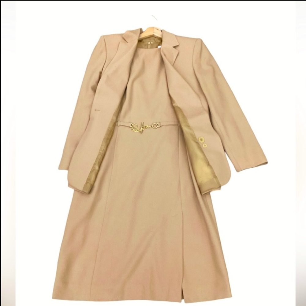 Oscar de la Renta Wool Chain Detail Sheath Dress in Warm Tan Sz 4 - Picture 10 of 15